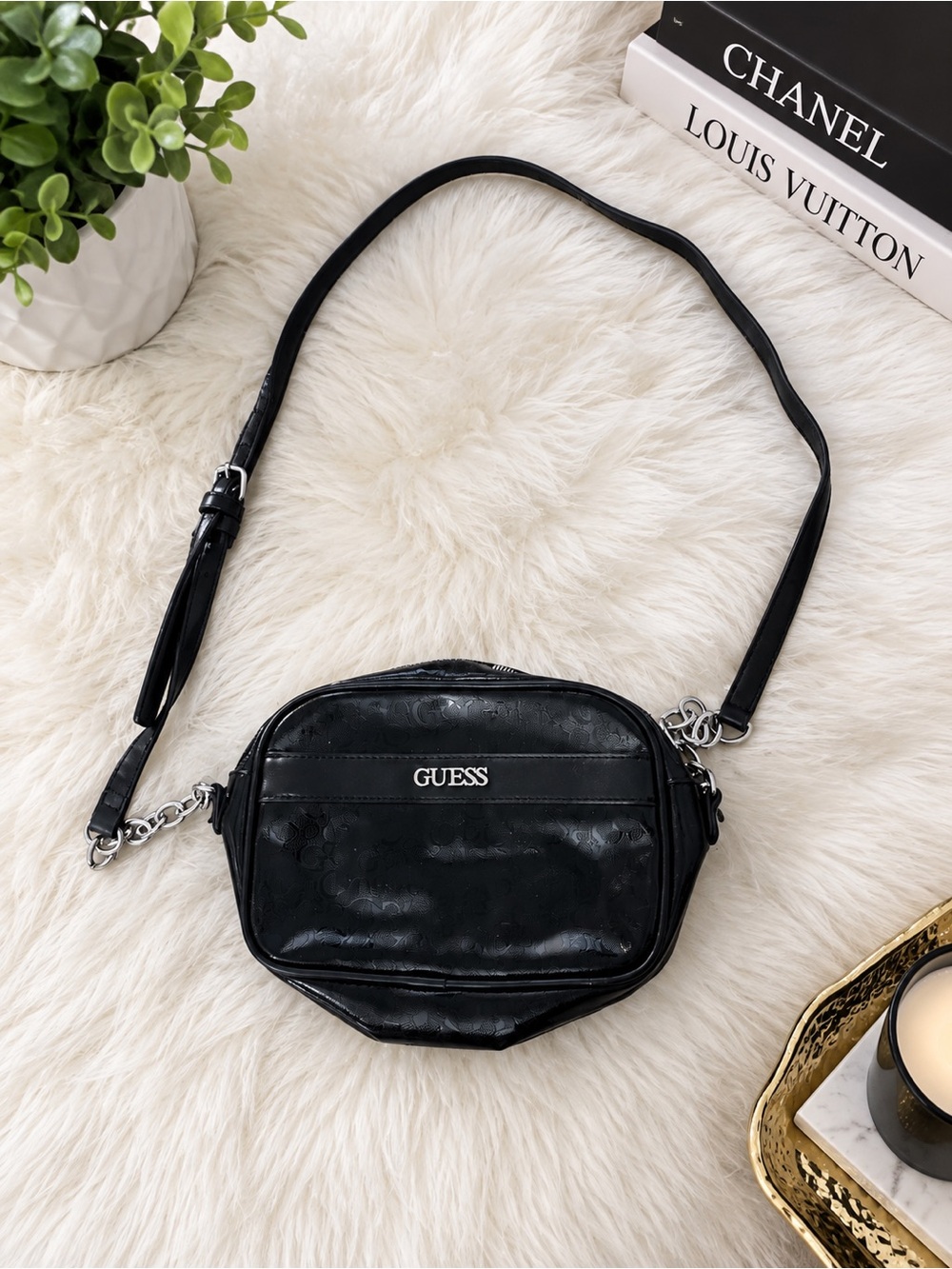 GUESS Black Quilted Crossbody Bag with Silver Hardware
